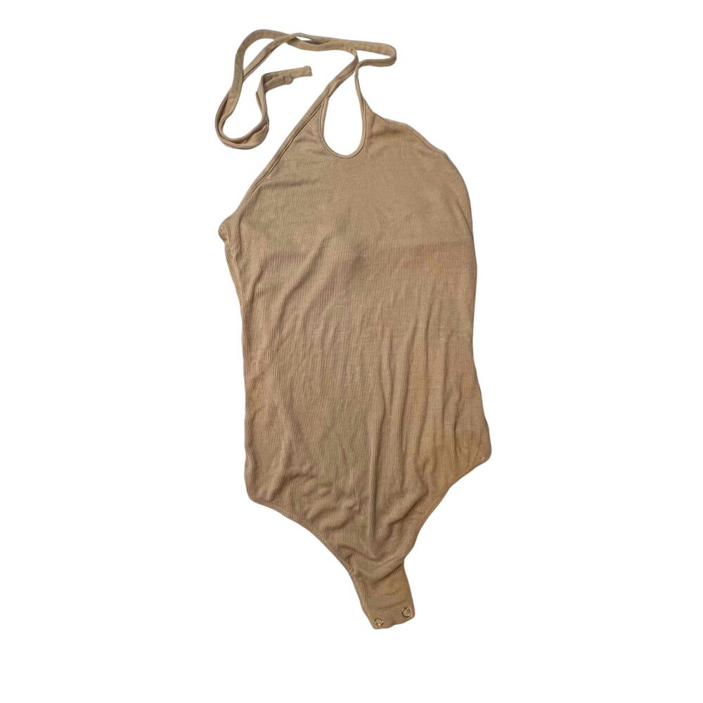 Enza‎ Costa Halter Bodysuit Sleeveless Tan Rib Knit Minimalist Womens Small